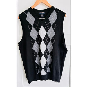 Men's Banana Republic V-Neck Sweater Vest M Black Gray Argyle Merino wool